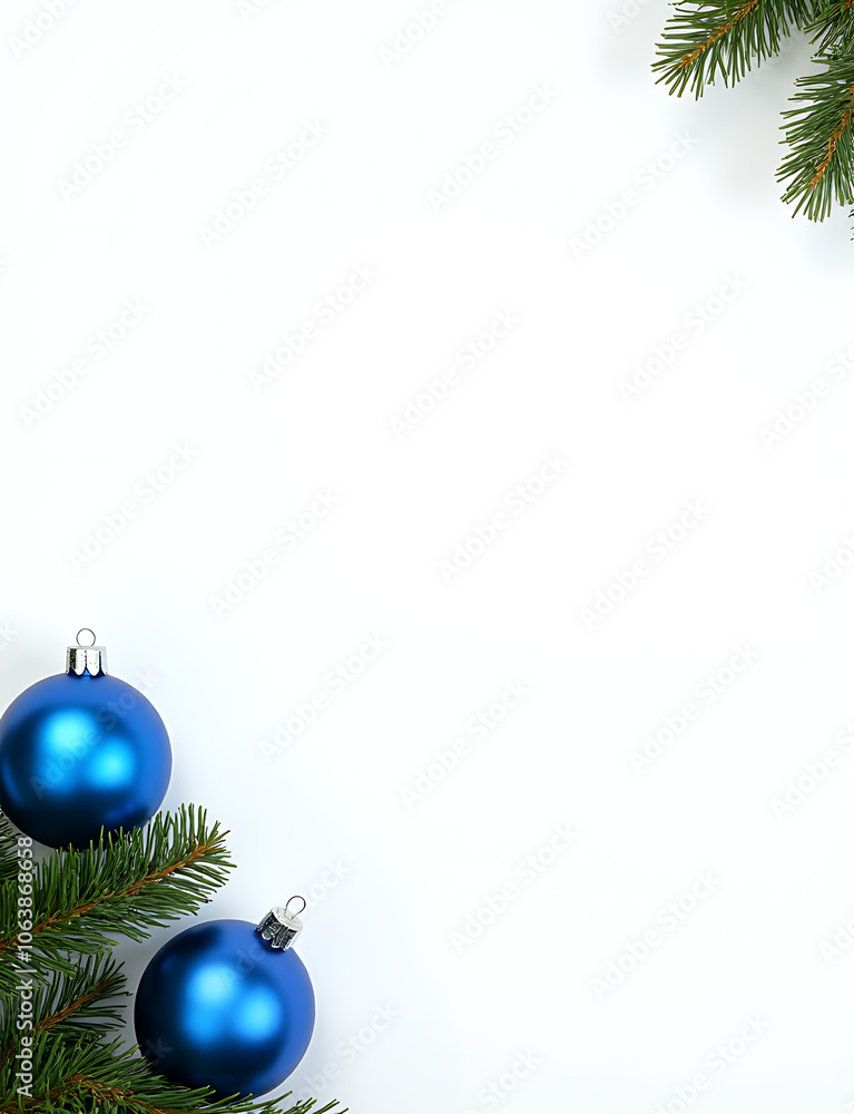 A festive holiday banner features fir branches and blue Christmas balls against a crisp white background A festive holiday banner features fir branches and blue Christmas balls against a crisp white background