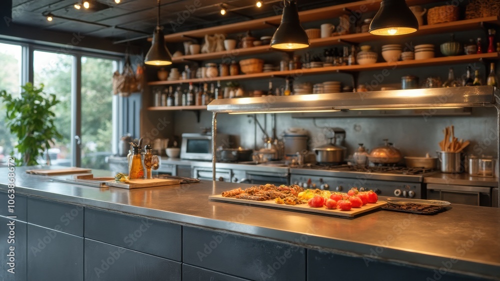 Culinary Preparation in a Modern Kitchen With Fresh Ingredients and Organized Cooking Tools During Daylight Hours Culinary Preparation in a Modern Kitchen With Fresh Ingredients and Organized Cooking Tools During Daylight Hours