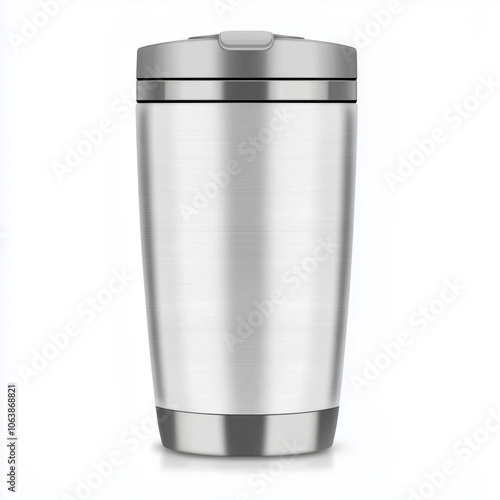 Stylish stainless steel travel mug on a minimalist background perfect for coffee lovers