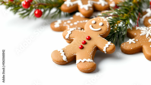 A gingerbread man cookie with a smiling face, decorated with white icing and red buttons, lies on a white background with a sprig of fir and red berries out of focus.