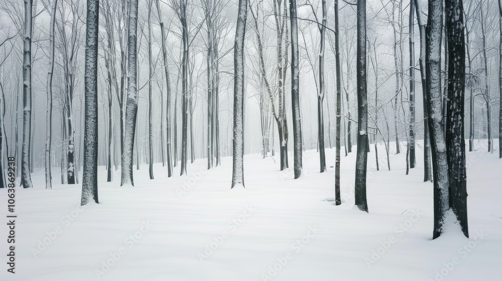 Bare trees stand tall amidst a silent forest, the ground coated in a pristine blanket of snow, evoking a sense of solitude and introspection. Bare trees stand tall amidst a silent forest, the ground coated in a pristine blanket of snow, evoking a sense of solitude and introspection.