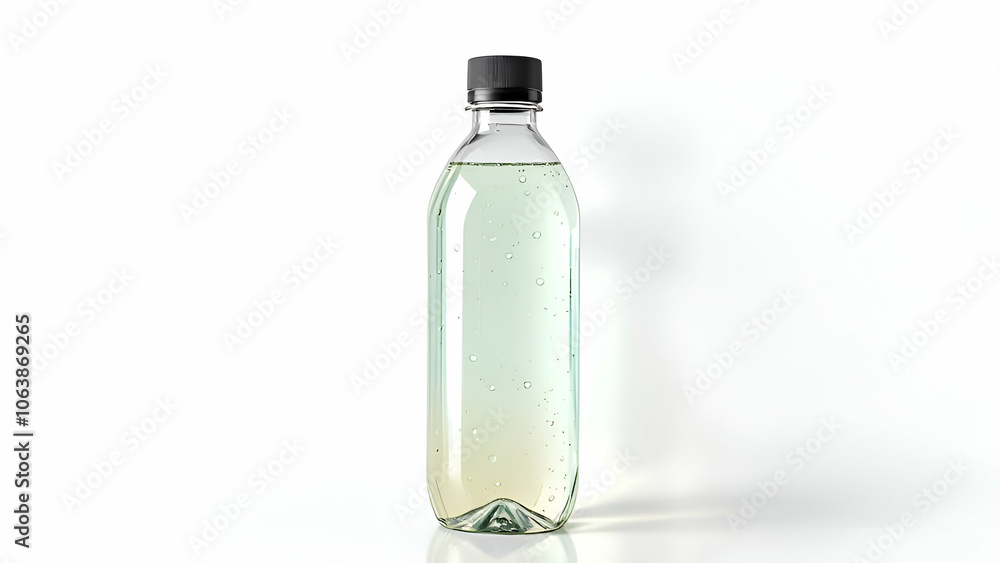 Single Clear Plastic Bottle with Black Cap and Light Green Liquid on White Background Single Clear Plastic Bottle with Black Cap and Light Green Liquid on White Background