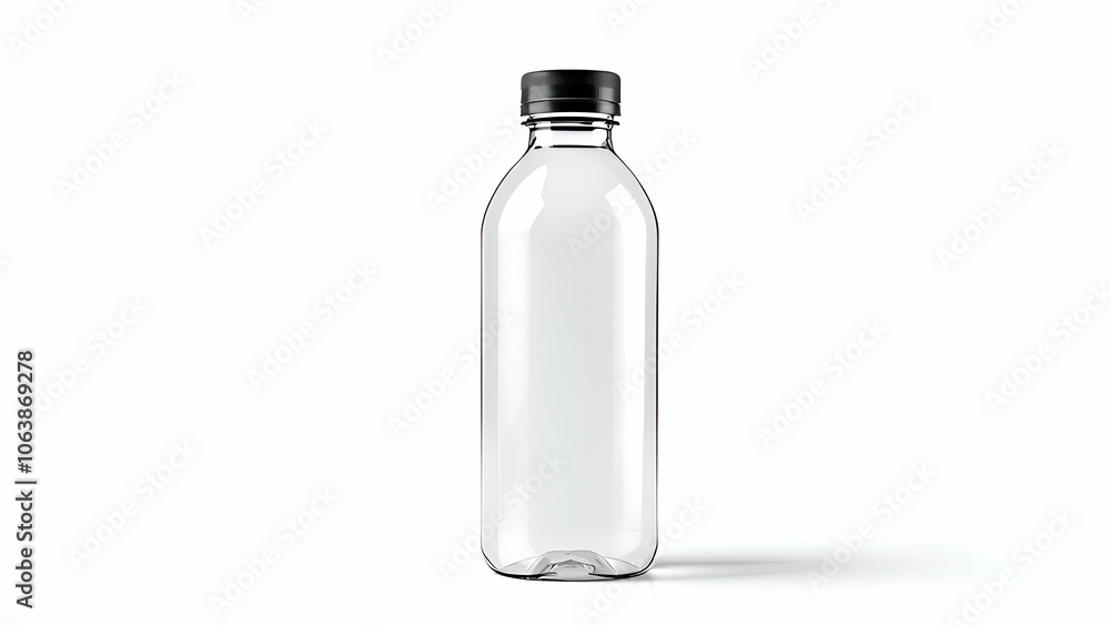 Clear Plastic Bottle Mockup with Black Cap on White Background Clear Plastic Bottle Mockup with Black Cap on White Background