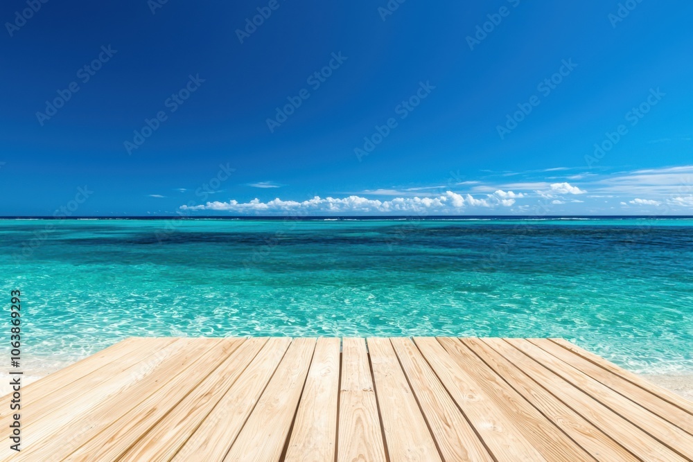 Fototapeta premium Scenic view of a wooden deck overlooking a tranquil ocean and clear blue sky.