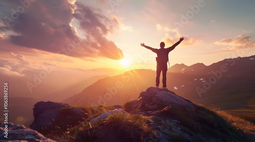 Adventurer Silhouetted Against Majestic Mountain Sunset Landscape