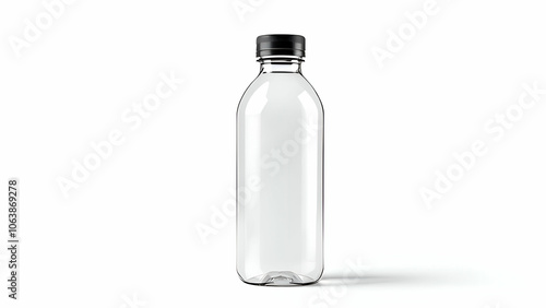 Clear Plastic Bottle Mockup with Black Cap on White Background