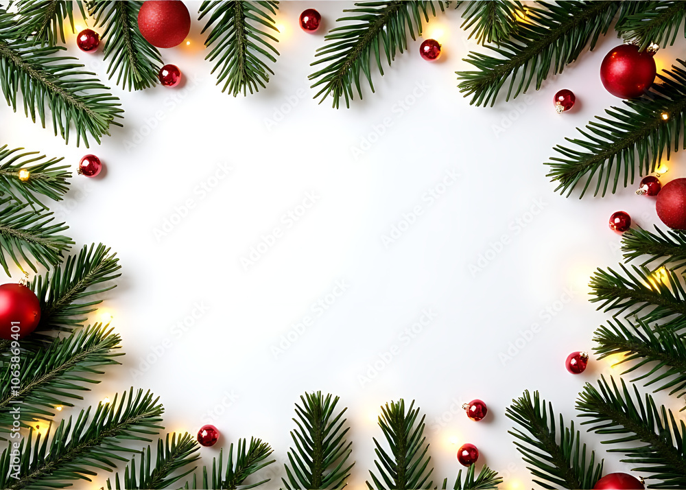 A festive flat lay scene features a creative frame made from Christmas fir branches and decorations on a white background with bokeh lights A festive flat lay scene features a creative frame made from Christmas fir branches and decorations on a white background with bokeh lights
