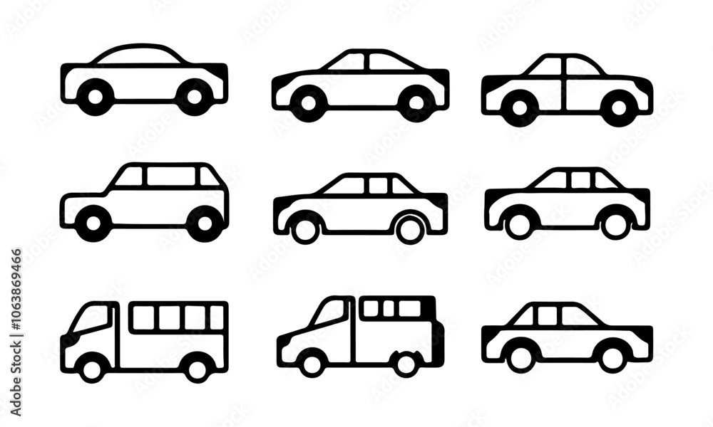 Line Art Car Set Black And White Design Template Line Art Car Set Black And White Design Template