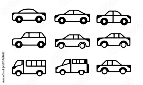 Line Art Car Set Black And White Design Template