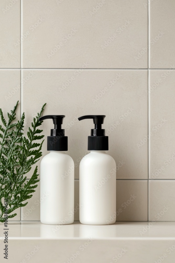 Two stylish white pump bottles next to a green plant on a clean surface. Two stylish white pump bottles next to a green plant on a clean surface.