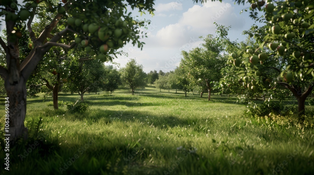 Sunlight bathes a serene orchard, where apple trees stand in rows under a clear blue sky, casting soft shadows on the lush grass below. Sunlight bathes a serene orchard, where apple trees stand in rows under a clear blue sky, casting soft shadows on the lush grass below.