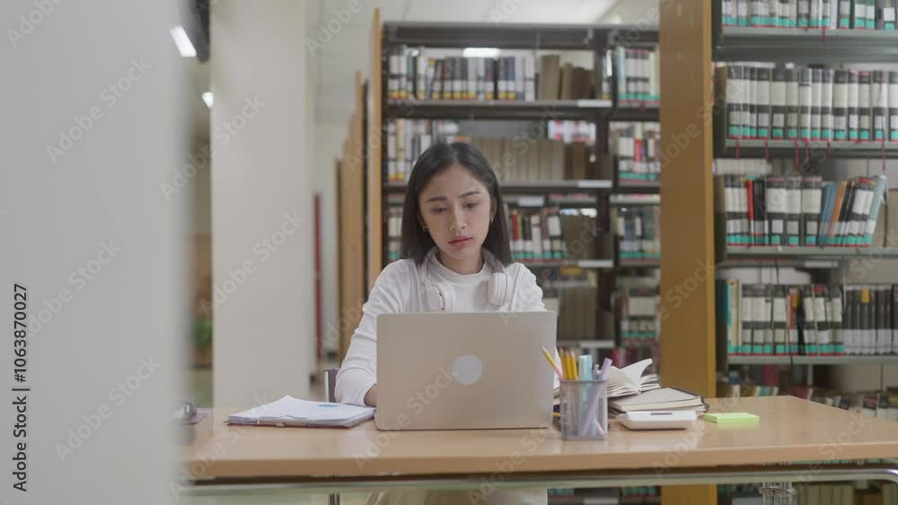 Asian female student research in library and using laptop preparing for exam Asian female student research in library and using laptop preparing for exam