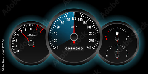 Car Dashboard. Car Panel Display. Car Speedometer Dashboard. Tachometer or Odometer Display. Vector Illustration.