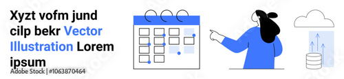 Stylized person pointing at a calendar with event icons, cloud data storage illustration. Ideal for project management, scheduling tools, productivity apps, cloud computing, business organization