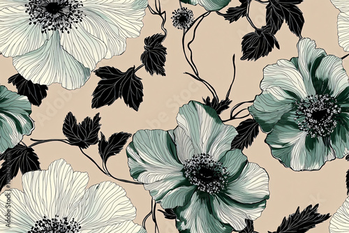 semaless pattern of beautiful flowers, muted green on beige background, detailed, line art photo