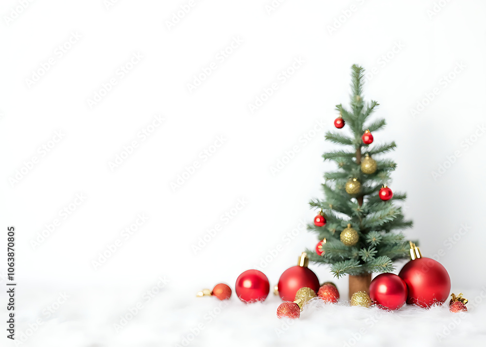 A festive Christmas tree and various decorations are displayed against a clean and simple white background in this image A festive Christmas tree and various decorations are displayed against a clean and simple white background in this image