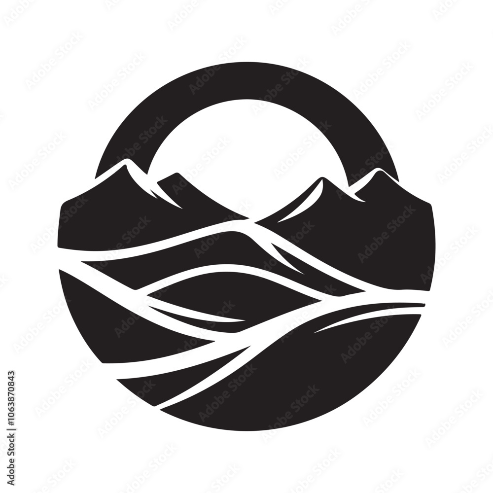 Fototapeta premium Desert with dunes silhouette vector art like the logo black color design and solid white background 