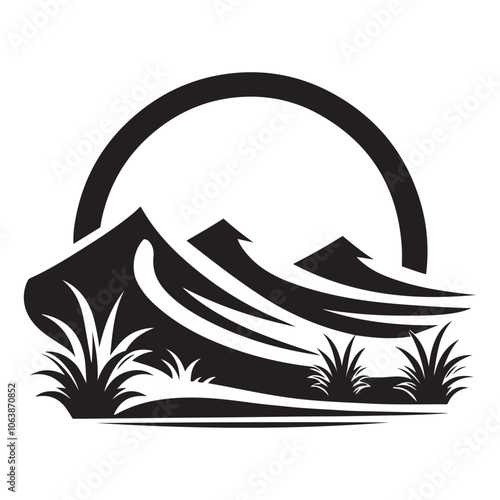 Desert with dunes silhouette vector art like the logo black color design and solid white background 