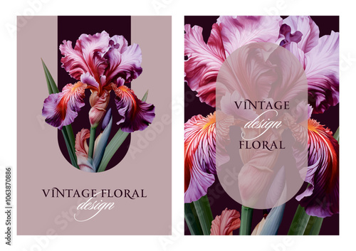 Vintage vector illustration with garden iris flower on a changeable background. Floral design template for wedding invitation, greeting card, notebook cover, flyer or certificate.