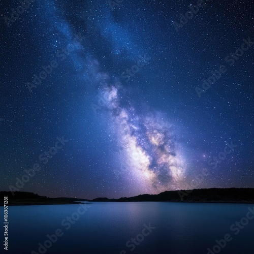Starlit sky over serene water, showcasing the beauty of the Milky Way and tranquility.