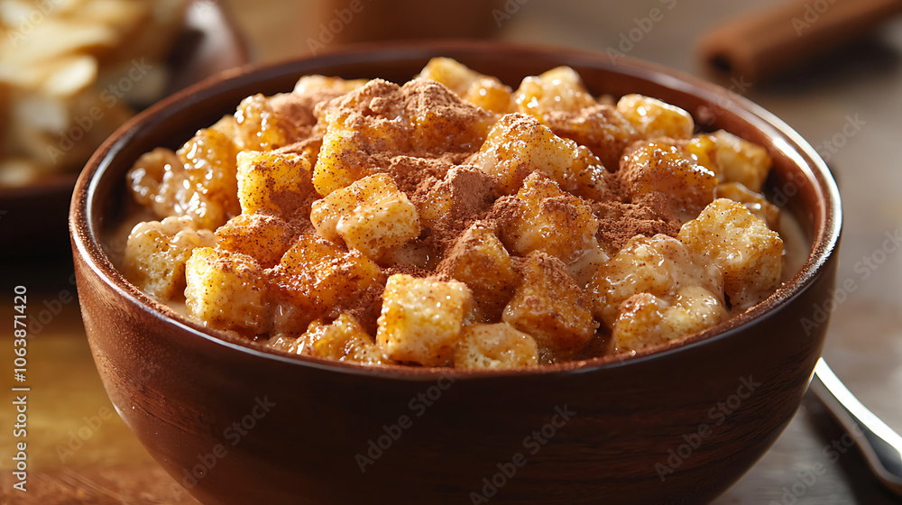 A close-up view of a decorative bowl filled with golden-brown cinnamon sugar toast cereal bites, arranged neatly for a delicious and inviting breakfast scene with a cozy atmosphere. A close-up view of a decorative bowl filled with golden-brown cinnamon sugar toast cereal bites, arranged neatly for a delicious and inviting breakfast scene with a cozy atmosphere.