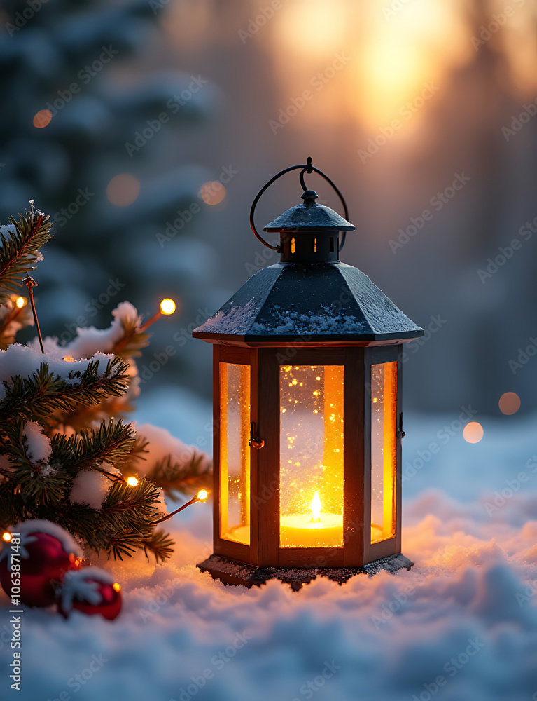 A festive Christmas lantern sits atop a snowy scene with a fir branch illuminated by warm sunlight and winter decorations surrounding it A festive Christmas lantern sits atop a snowy scene with a fir branch illuminated by warm sunlight and winter decorations surrounding it