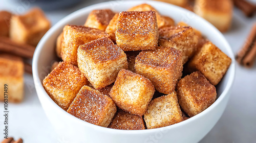 A close-up view of a decorative bowl filled with golden-brown cinnamon sugar toast cereal bites, arranged neatly for a delicious and inviting breakfast scene with a cozy atmosphere.