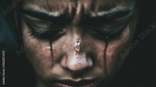 A close-up of a young woman with tears streaming down her face, conveying deep emotion and sadness, taken in dim light