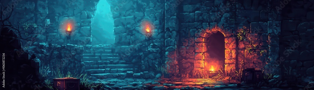 Obraz premium Dark pixel art dungeon with mossy stone walls, flickering torches, and treasure chest