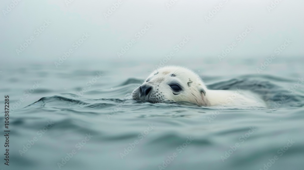 Naklejka premium A baby seal gently swims in calm ocean waters, embodying innocence and the serenity of marine life in nature’s sanctuary.