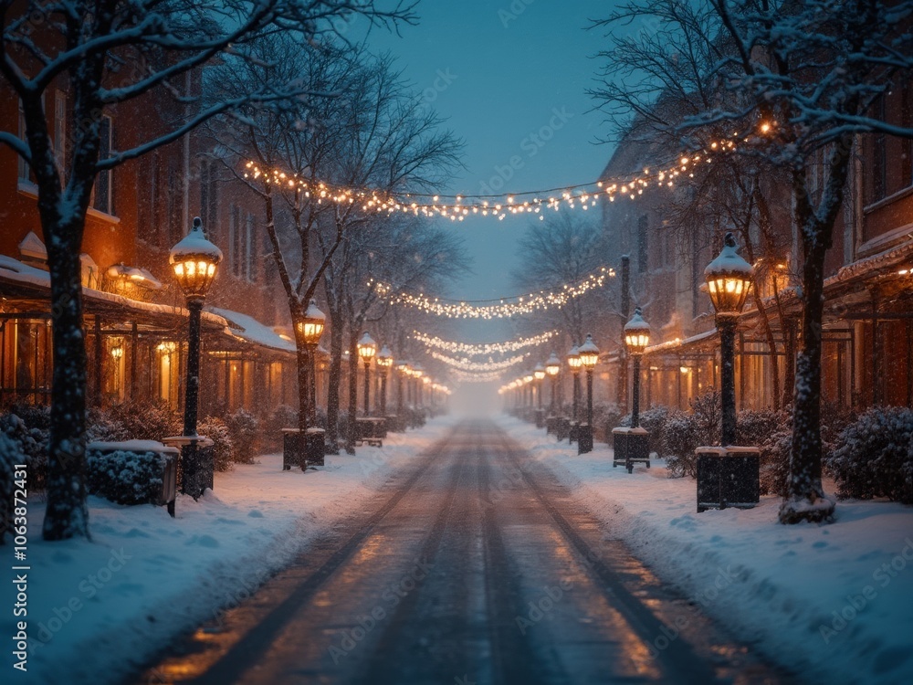 A Snowy Evening Street Decorated With Warm Lights in a Quiet Neighborhood During Winter's Embrace at Dusk A Snowy Evening Street Decorated With Warm Lights in a Quiet Neighborhood During Winter's Embrace at Dusk
