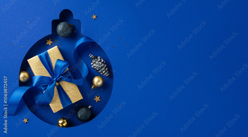 Fototapeta premium A beautiful top view Christmas present wrapped in gold paper with a blue ribbon, surrounded by festive ornaments and stars on a blue background. Perfect for holiday celebrations and gift-giving ideas