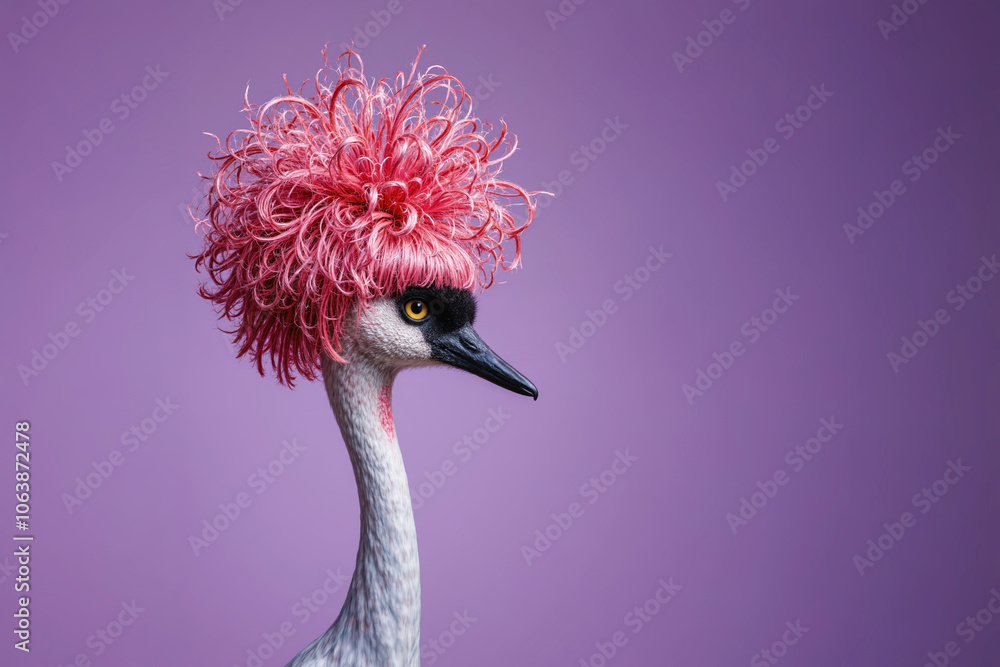 Naklejka premium Gray crane bird wearing a ruffled unruly bop style pink wig and isolated on purple background