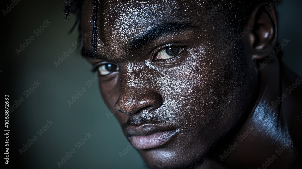 Close-up portrait of a young man with glistening skin, showcasing determination and intensity in an indoor setting during evening light Close-up portrait of a young man with glistening skin, showcasing determination and intensity in an indoor setting during evening light