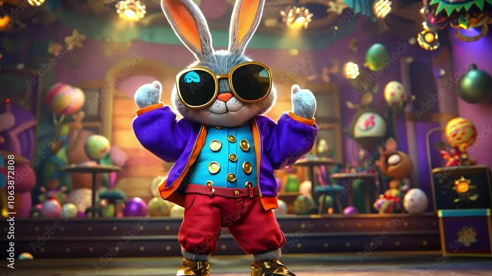 A cool rabbit wearing sunglasses and a purple jacket stands in a room decorated with Easter eggs. A cool rabbit wearing sunglasses and a purple jacket stands in a room decorated with Easter eggs.