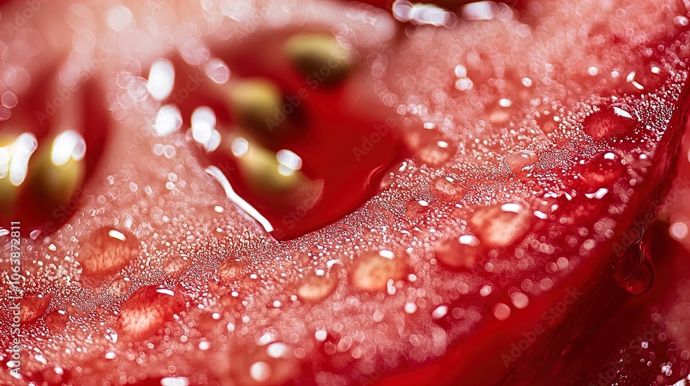 A close-up view of a sliced red tomato, showcasing its vibrant color and texture. The surface of the tomato is adorned with tiny droplets of water, creating a fresh and appetizing appearance. The seed A close-up view of a sliced red tomato, showcasing its vibrant color and texture. The surface of the tomato is adorned with tiny droplets of water, creating a fresh and appetizing appearance. The seed