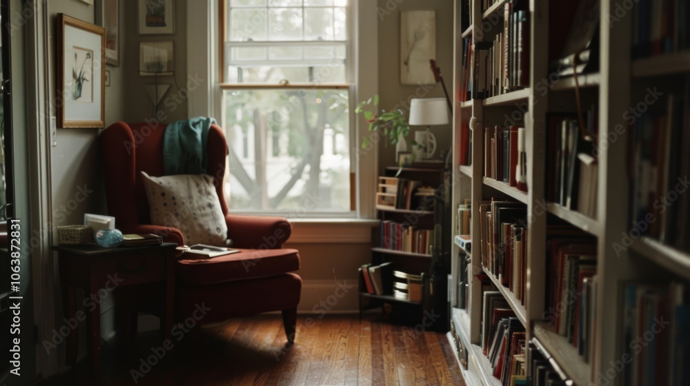 A cozy reading nook with an armchair by the window, surrounded by books, offers tranquility and escape in a warm, sunlit room. A cozy reading nook with an armchair by the window, surrounded by books, offers tranquility and escape in a warm, sunlit room.