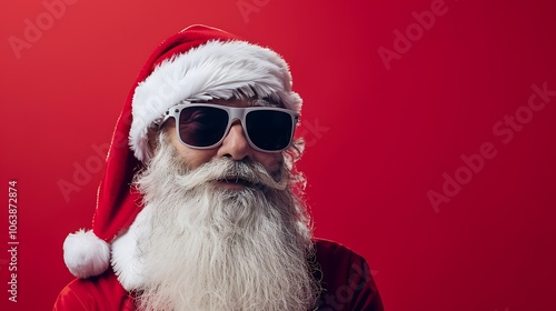 A hipster Santa Claus wearing sunglasses, exuding a fun, cool vibe, set against a vibrant red background, perfect for a modern holiday theme.