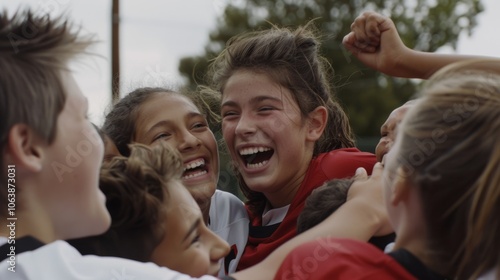 A group of jubilant teenagers in team uniforms celebrate a sports victory, their wide smiles and cheers capturing a moment of pure joy and camaraderie.