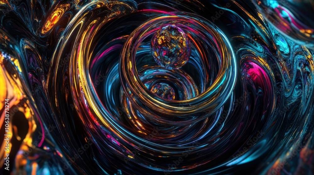 Colorful abstract swirl with vibrant patterns and reflections in a dark setting, showcasing intricate shapes and dynamic movement Colorful abstract swirl with vibrant patterns and reflections in a dark setting, showcasing intricate shapes and dynamic movement
