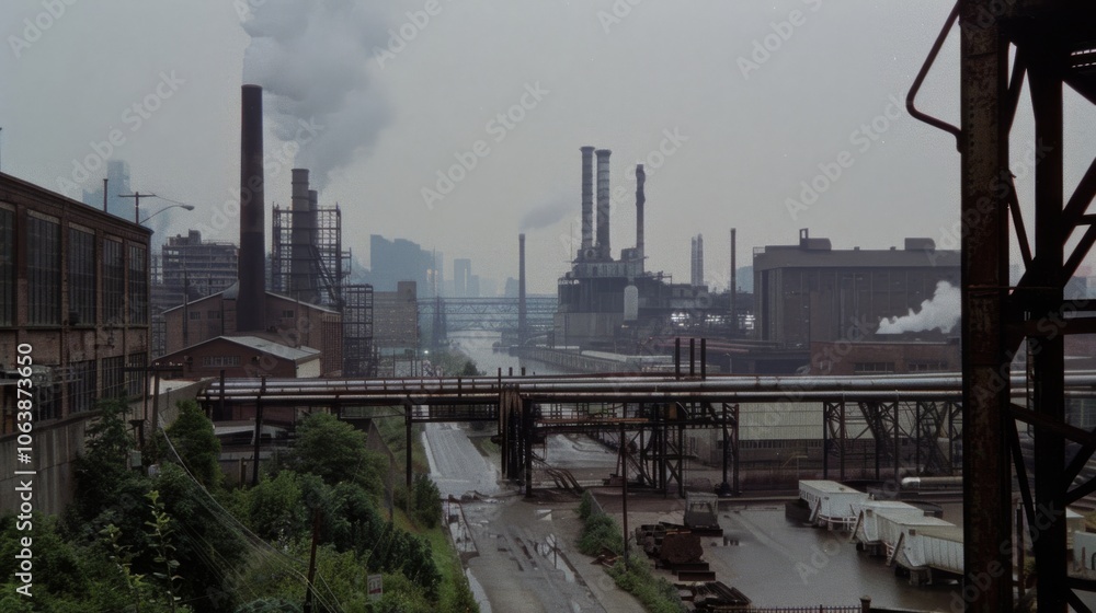 Naklejka premium Overcast skies loom over a sprawling industrial cityscape, smokestacks rising, emphasizing the intersection of nature and industry.