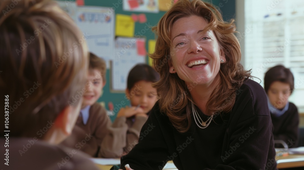 Obraz premium A joyful teacher engages her students in a lively classroom, fostering curiosity and a love for learning.
