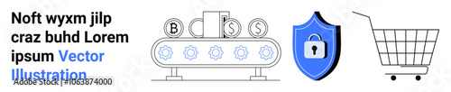 Conveyor belt with gears and currency symbols, shield with a lock icon, and a shopping cart. Ideal for e-commerce, automation, security, online transactions, financial technology, retail, and digital