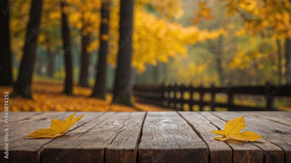Beautiful colorful natural autumn background for presentation. Fallen dry orange leaves on wooden boards against the backdrop of a blurry autumn park.