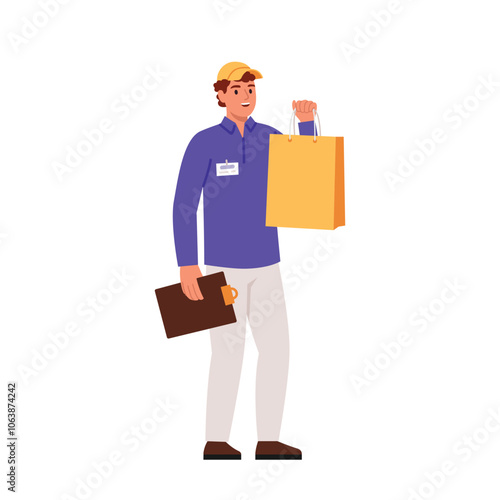 Vector illustration of courier boy. Cartoon scene of a guy dressed in a blue shirt, gray pants, a yellow cap, holding a folder, a tablet, a package isolated on a white background. Delivery of goods.