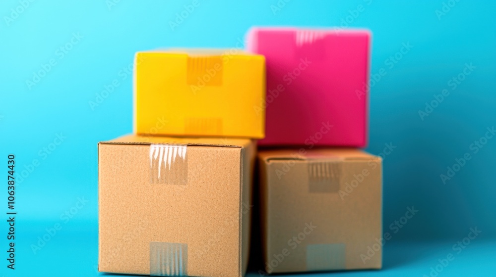 Obraz premium Colorful stacked boxes against a blue background, ideal for shipping and packaging concepts.