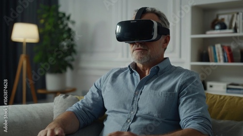 Obraz na płótnie Adult man wearing VR virtual reality glasses playing on the sofa in the room w salonie