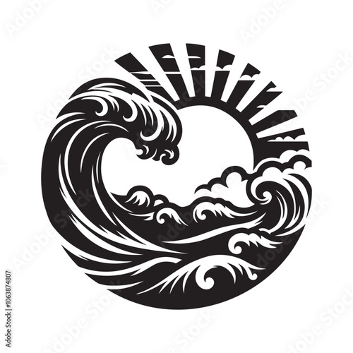 Ocean waves crashing silhouette vector art like the logo black color design and solid white background 
