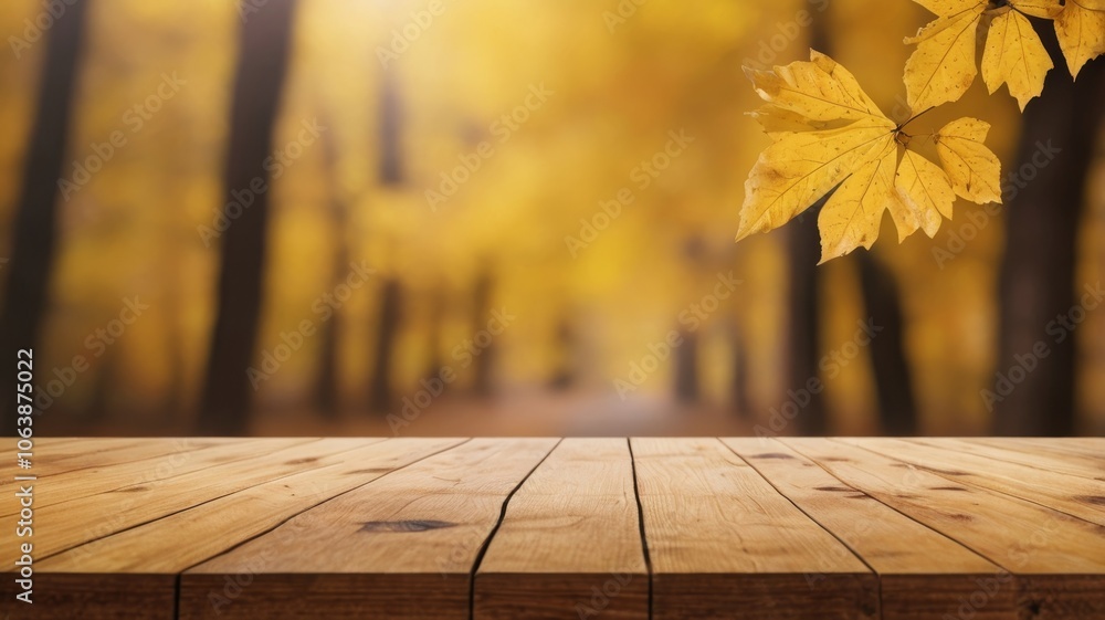 Wooden Table with Autumn Background