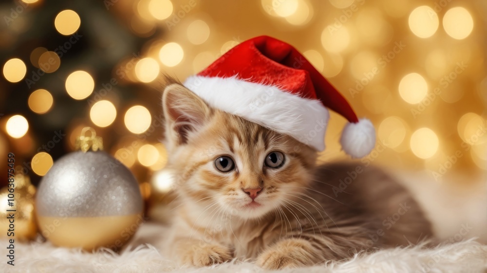 A red little kitten in a Santa hat against a background of golden bokeh and Christmas lights. Christmas cat